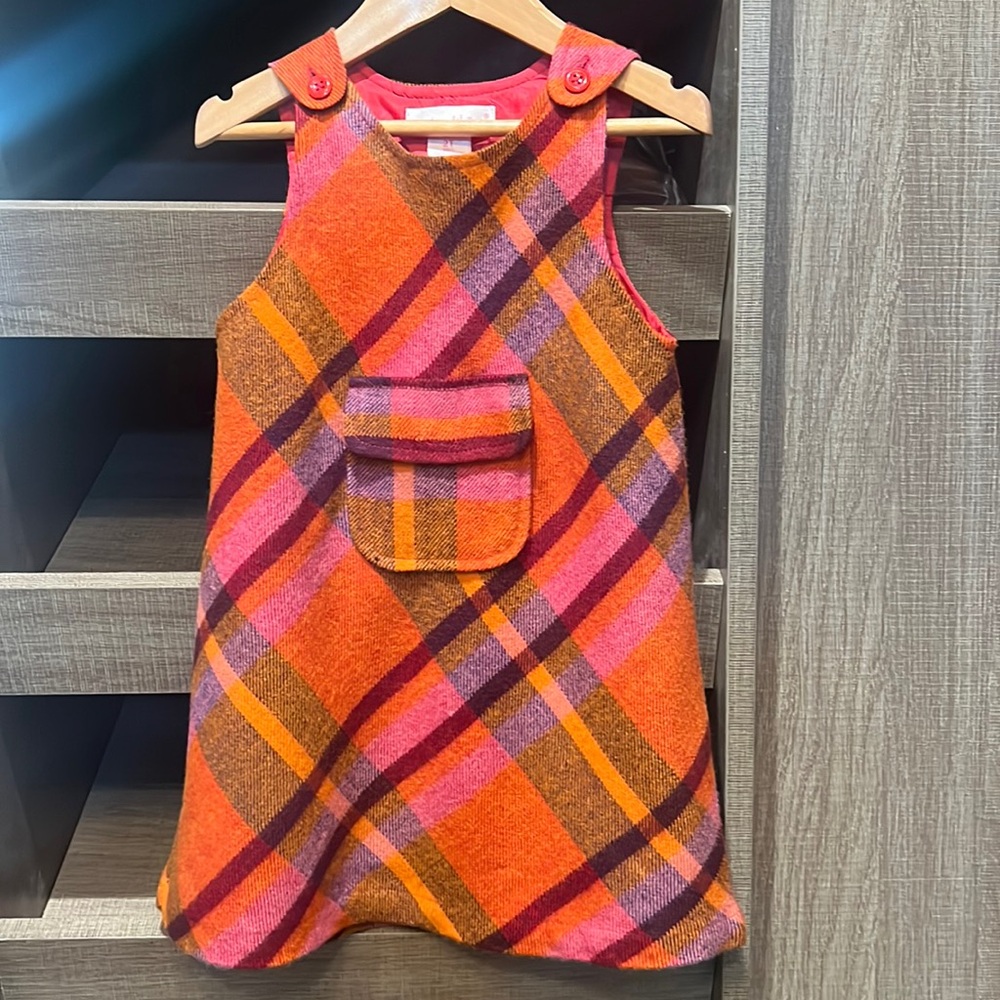 Little Girl’s ‘Ring Around the Rosie’ Dress Jumper, Velcro Pocket Orange/Pink 2T
